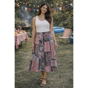 Boho Cottagecore Western Work Pink Gray Patchwork Floral Women's Midi 1X Skirt